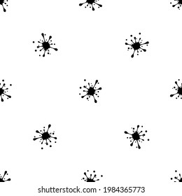Seamless pattern of repeated black blot symbols. Elements are evenly spaced and some are rotated. Vector illustration on white background