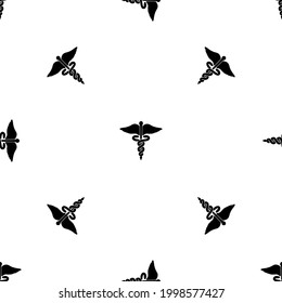 Seamless pattern of repeated black caduceus symbols. Elements are evenly spaced and some are rotated. Vector illustration on white background