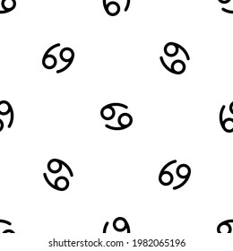 Seamless pattern of repeated black cancer zodiac symbols. Elements are evenly spaced and some are rotated. Vector illustration on white background