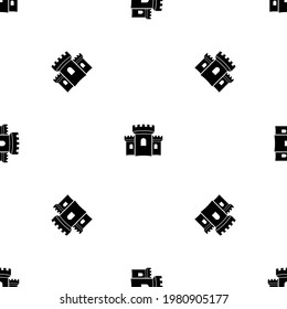 Seamless pattern of repeated black castle symbols. Elements are evenly spaced and some are rotated. Vector illustration on white background