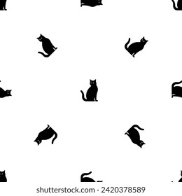 Seamless pattern of repeated black cat icons. Elements are evenly spaced and some are rotated. Vector illustration on white background