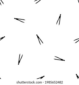 Seamless pattern of repeated black compass dividers. Elements are evenly spaced and some are rotated. Vector illustration on white background