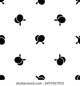 Seamless pattern of repeated black crossed ping pong rackets symbols. Elements are evenly spaced and some are rotated. Vector illustration on white background