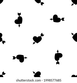 Seamless pattern of repeated black cupid arrow symbols. Elements are evenly spaced and some are rotated. Vector illustration on white background