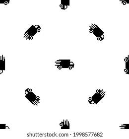 Seamless pattern of repeated black delivery symbols. Elements are evenly spaced and some are rotated. Vector illustration on white background
