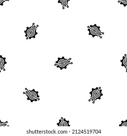 Seamless pattern of repeated black digital tech symbols. Elements are evenly spaced and some are rotated. Vector illustration on white background