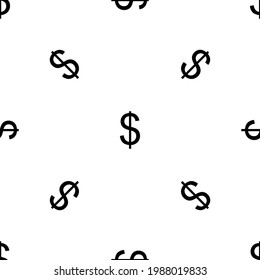 Seamless pattern of repeated black dollar symbols. Elements are evenly spaced and some are rotated. Vector illustration on white background