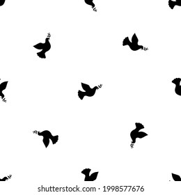 Seamless pattern of repeated black dove of peace symbols. Elements are evenly spaced and some are rotated. Vector illustration on white background