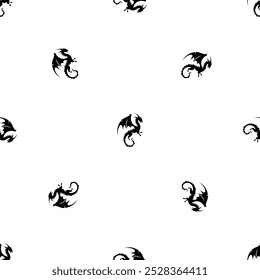 Seamless pattern of repeated black dragon symbols. Elements are evenly spaced and some are rotated. Vector illustration on white background