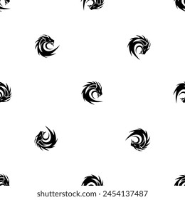 Seamless pattern of repeated black dragon's head symbols. Elements are evenly spaced and some are rotated. Vector illustration on white background