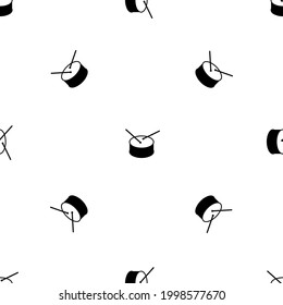 Seamless pattern of repeated black drum symbols. Elements are evenly spaced and some are rotated. Vector illustration on white background