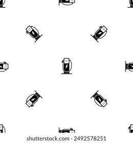 Seamless pattern of repeated black electric charging station symbols. Elements are evenly spaced and some are rotated. Vector illustration on white background