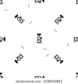 Seamless pattern of repeated black electric charging station symbols. Elements are evenly spaced and some are rotated. Vector illustration on white background