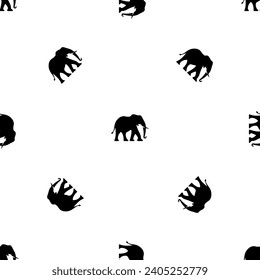 Seamless pattern of repeated black elephants. Elements are evenly spaced and some are rotated. Vector illustration on white background