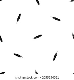 Seamless pattern of repeated black feather symbols. Elements are evenly spaced and some are rotated. Vector illustration on white background