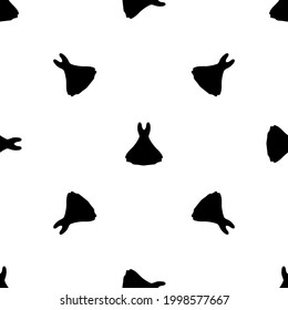 Seamless pattern of repeated black flared dress symbols. Elements are evenly spaced and some are rotated. Vector illustration on white background