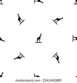 Seamless pattern of repeated black giraffe symbols. Elements are evenly spaced and some are rotated. Vector illustration on white background