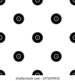 Seamless pattern of repeated black gramophone record symbols. Elements are evenly spaced and some are rotated. Vector illustration on white background