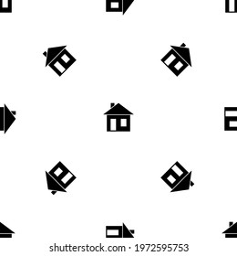 Seamless pattern of repeated black house symbols. Elements are evenly spaced and some are rotated. Vector illustration on white background