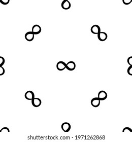 Seamless pattern of repeated black infinity symbols. Elements are evenly spaced and some are rotated. Vector illustration on white background