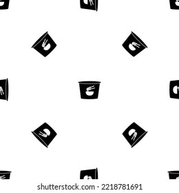 Patrón sin foco de los repetidos símbolos de fideos instantáneos negros. Los elementos están separados por igual y algunos rotan. Ilustración del vector sobre fondo blanco