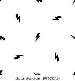 Seamless pattern of repeated black lightning symbols. Elements are evenly spaced and some are rotated. Vector illustration on white background