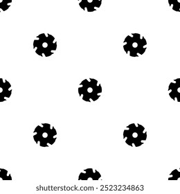 Seamless pattern of repeated black milling disc symbols. Elements are evenly spaced and some are rotated. Vector illustration on white background
