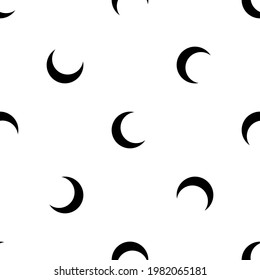 Seamless pattern of repeated black moon symbols. Elements are evenly spaced and some are rotated. Vector illustration on white background