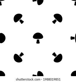 Patrón sin foco de los repetidos símbolos de hongos negros. Los elementos están separados por igual y algunos rotan. Ilustración del vector sobre fondo blanco