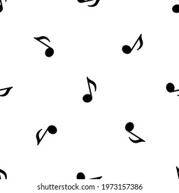 Seamless pattern of repeated black musical note symbols. Elements are evenly spaced and some are rotated. Vector illustration on white background