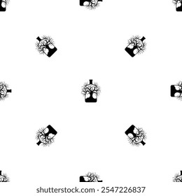 Seamless pattern of repeated black mystical tree in bottle symbols. Elements are evenly spaced and some are rotated. Vector illustration on white background