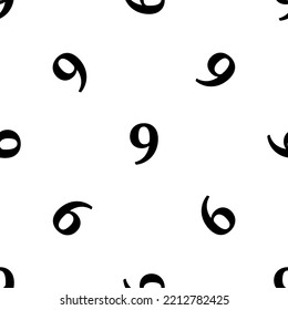 Seamless pattern of repeated black number nine symbols. Elements are evenly spaced and some are rotated. Vector illustration on white background