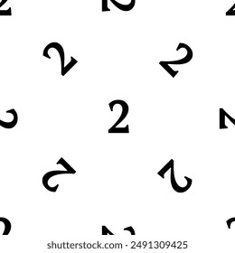 Seamless pattern of repeated black number two symbols. Elements are evenly spaced and some are rotated. Vector illustration on white background