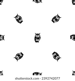Seamless pattern of repeated black owl symbols. Elements are evenly spaced and some are rotated. Vector illustration on white background