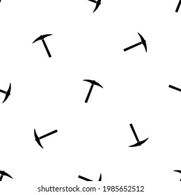 Seamless pattern of repeated black pickaxe symbols. Elements are evenly spaced and some are rotated. Vector illustration on white background