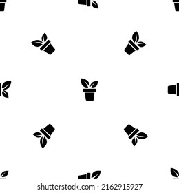 Patrón sin foco de repetidas plantas negras en símbolos de ollas. Los elementos están separados por igual y algunos rotan. Ilustración del vector sobre fondo blanco