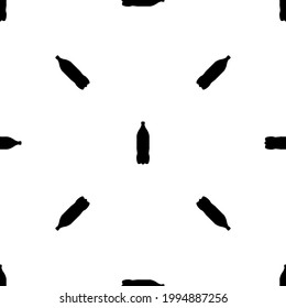 Seamless pattern of repeated black plastic bottle symbols. Elements are evenly spaced and some are rotated. Vector illustration on white background