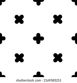 Seamless pattern of repeated black quatrefoil symbols. Elements are evenly spaced and some are rotated. Vector illustration on white background