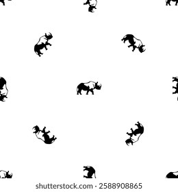 Seamless pattern of repeated black rhinoceros symbols. Elements are evenly spaced and some are rotated. Vector illustration on white background