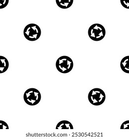 Seamless pattern of repeated black roundabout signs. Elements are evenly spaced and some are rotated. Vector illustration on white background