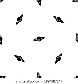 Seamless pattern of repeated black saturn symbols. Elements are evenly spaced and some are rotated. Vector illustration on white background