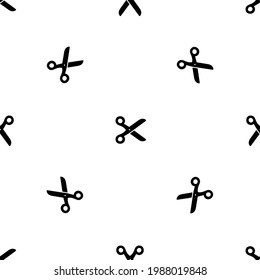 Seamless pattern of repeated black scissors symbols. Elements are evenly spaced and some are rotated. Vector illustration on white background