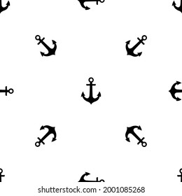 Seamless pattern of repeated black sea anchor symbols. Elements are evenly spaced and some are rotated. Vector illustration on white background