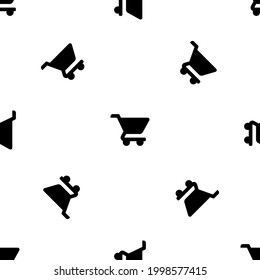 Seamless pattern of repeated black shopping cart symbols. Elements are evenly spaced and some are rotated. Vector illustration on white background