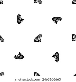 Seamless pattern of repeated black sitting tiger symbols. Elements are evenly spaced and some are rotated. Vector illustration on white background