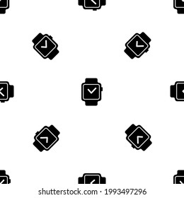 Seamless pattern of repeated black smart watch symbols. Elements are evenly spaced and some are rotated. Vector illustration on white background