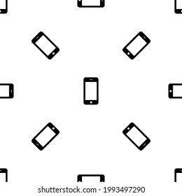 Seamless pattern of repeated black smartphone symbols. Elements are evenly spaced and some are rotated. Vector illustration on white background
