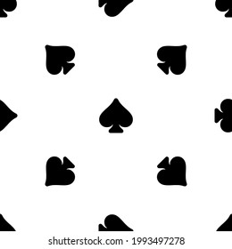 Seamless pattern of repeated black spades. Elements are evenly spaced and some are rotated. Vector illustration on white background