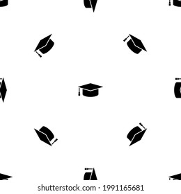 Seamless pattern of repeated black square academic cap symbols. Elements are evenly spaced and some are rotated. Vector illustration on white background