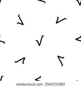 Seamless pattern of repeated black square root symbols. Elements are evenly spaced and some are rotated. Vector illustration on white background
